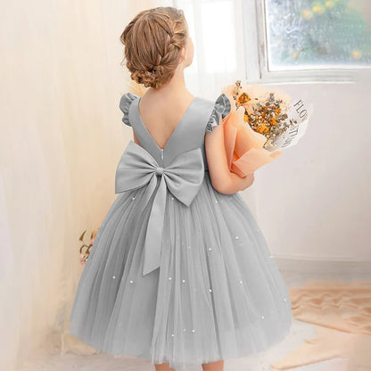 Kids Girls Big Bow Design Tulle Princess Dresses for Summer childrensterritory
