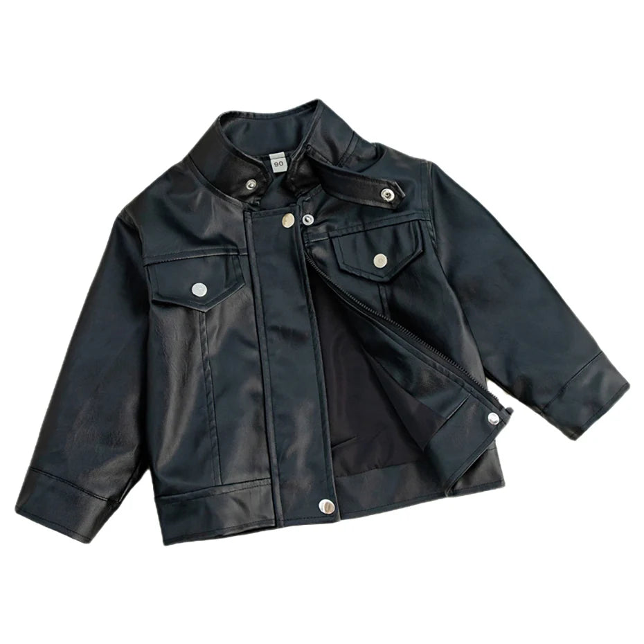 Stylish Kids Boys Girls Solid Color Leather Jackets childrensterritory