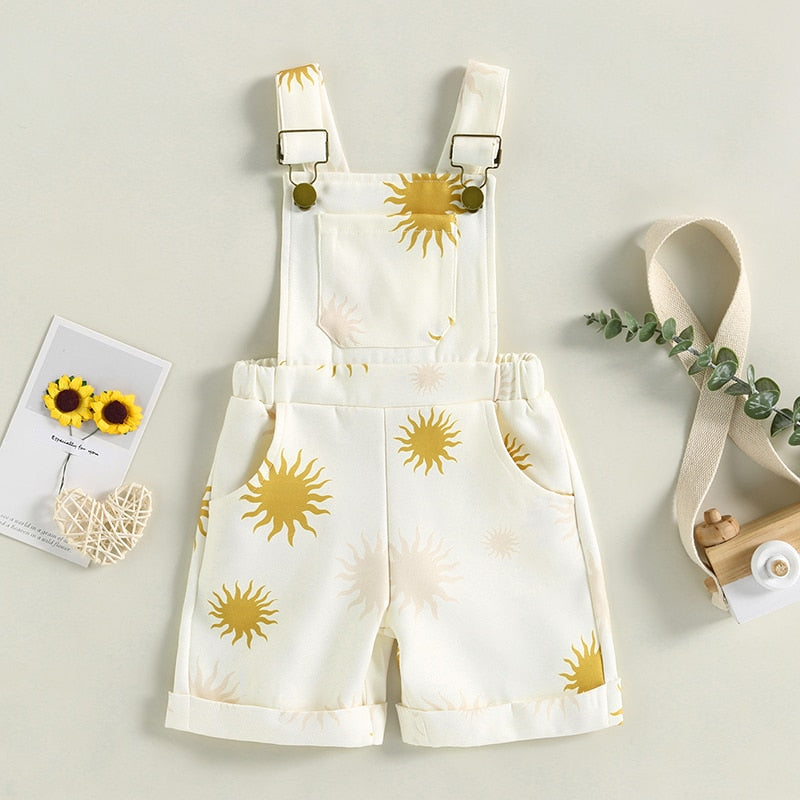 Kids Girls Printed Rolled Hem Overall Shorts with Pockets childrensterritory