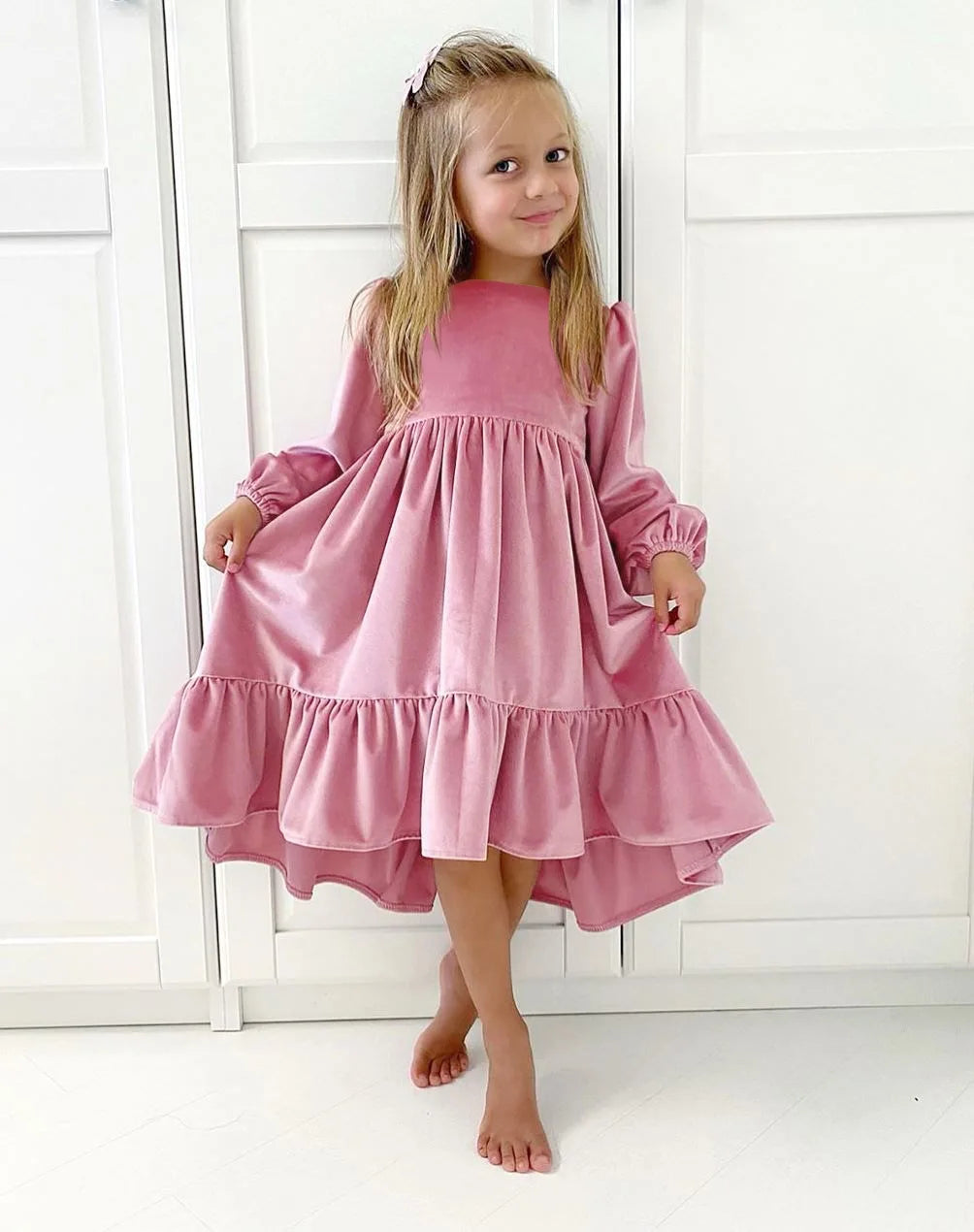 Kids Girls Velvet Long Sleeve Ruffle Hem Party Dresses