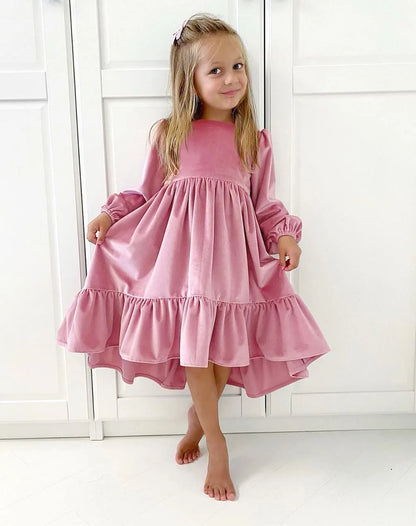 Kids Girls Velvet Long Sleeve Ruffle Hem Party Dresses