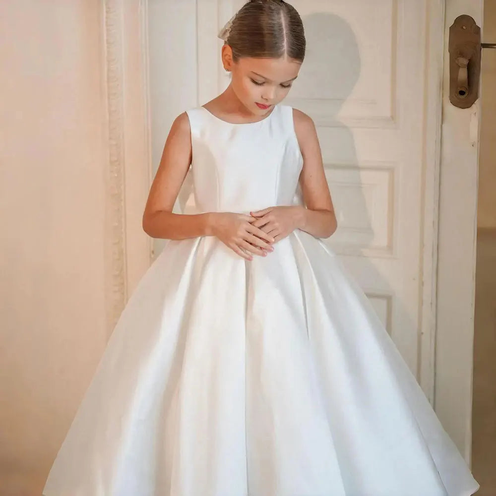 Girls Elegant White Satin Ball Gown, Communion Dress childrensterritory