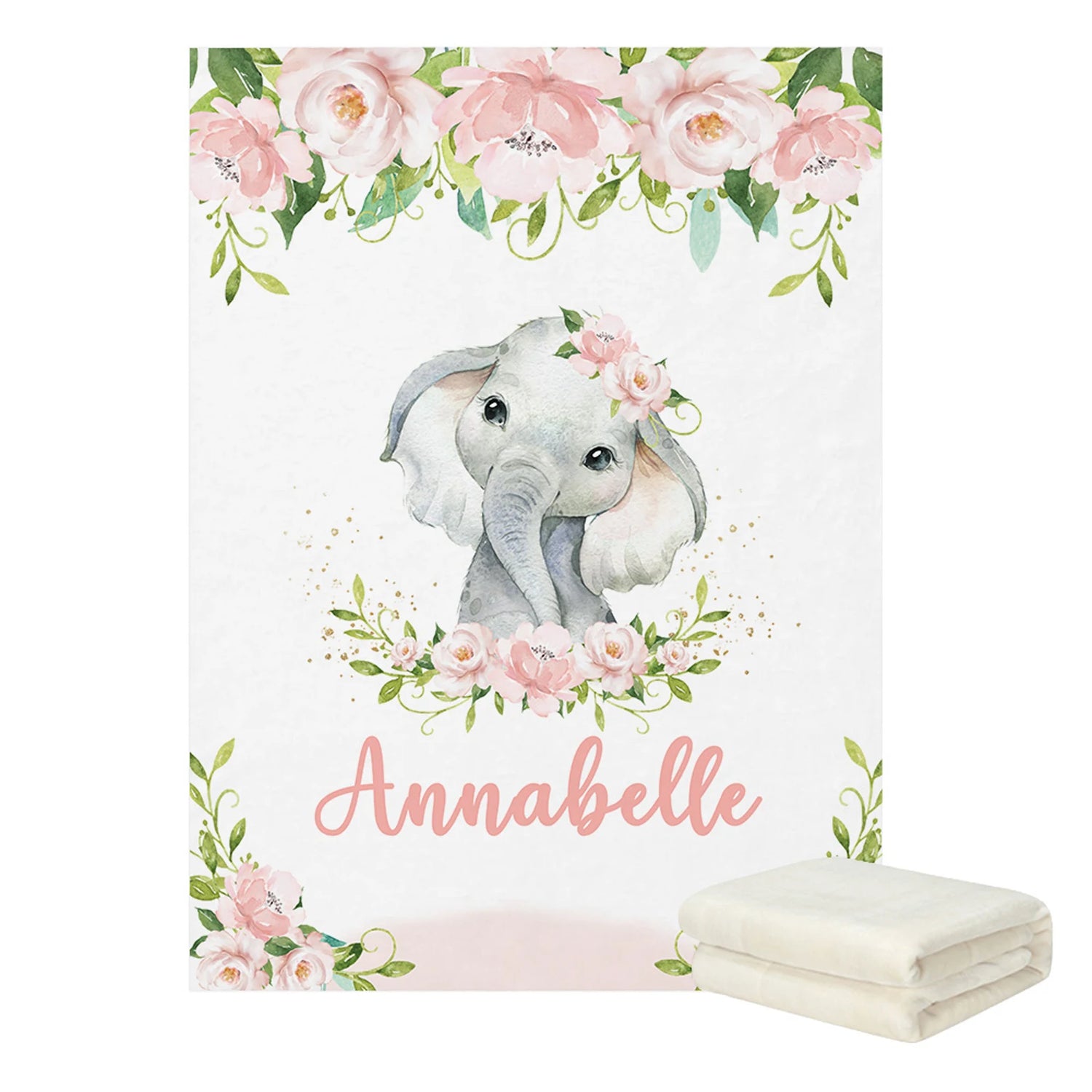 Custom Name with Flower Elephant Print Baby Bedding Set