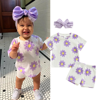 Flowers Print Baby Girls 3pcs Short Sleeve Tops Shorts Hairband Set childrensterritory