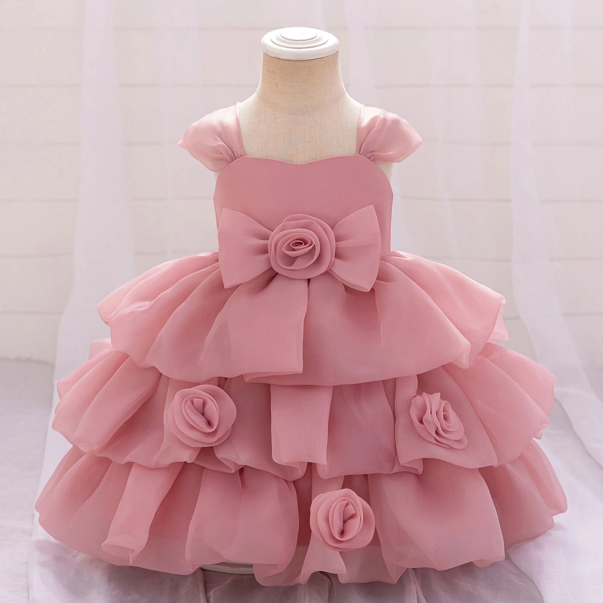 Elegant 3D Rose Flower Tiered Design Baby Christening Dresses