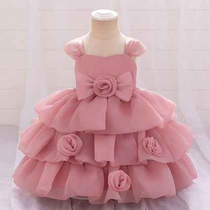 Elegant 3D Rose Flower Tiered Design Baby Christening Dresses