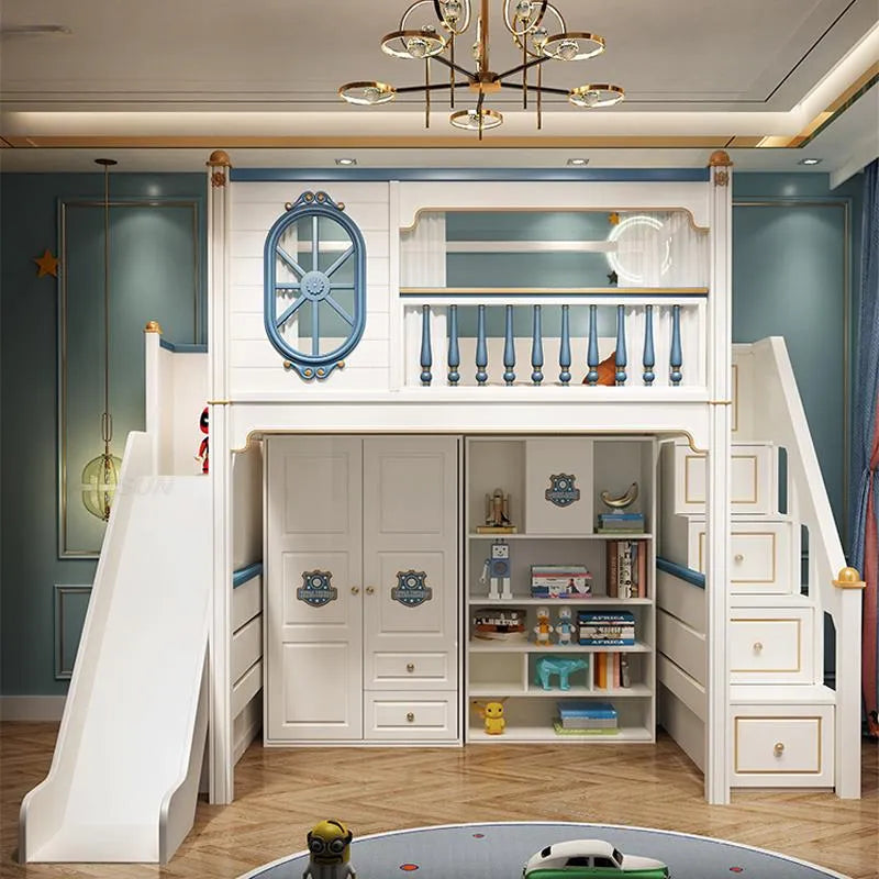 Kids Modren Bunk Bed with Bookcase and Wardrobe childrensterritory