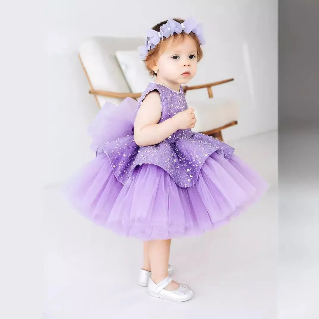 Little Girl Glitter Puff Organza Applique Birthday Party Gown