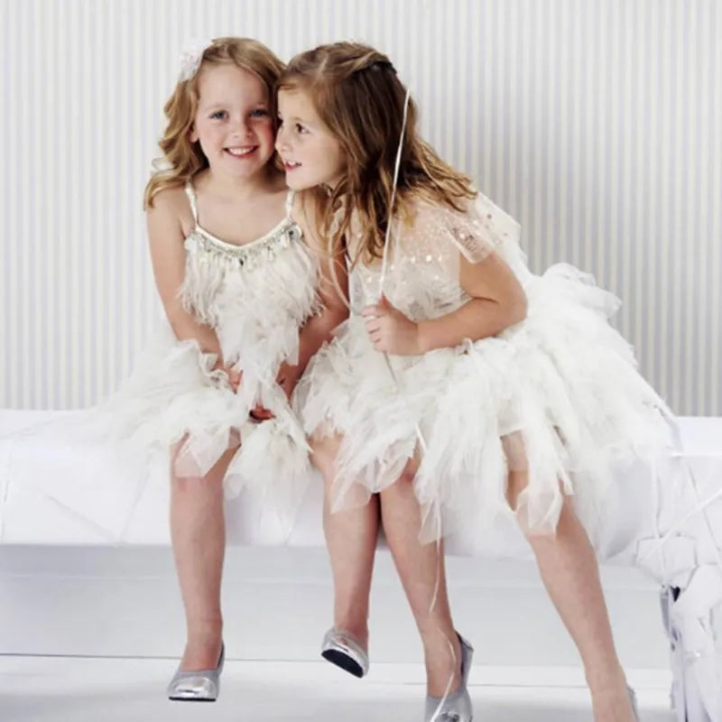 Kids Girls Elegant Feather Tassels Wedding Party Dresses childrensterritory