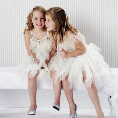Kids Girls Elegant Feather Tassels Wedding Party Dresses childrensterritory