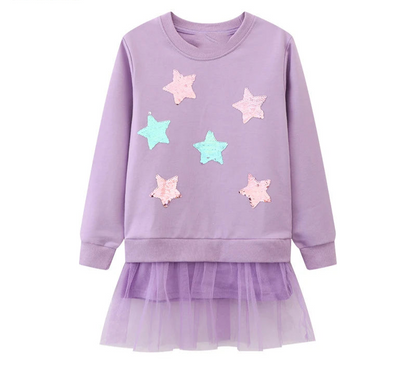 Little Girls Cartoon Stars Design Long Sleeves Mesh Dress childrensterritory