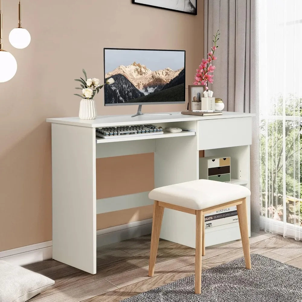 Adjustable Wooden White Computer Desk with Drawers