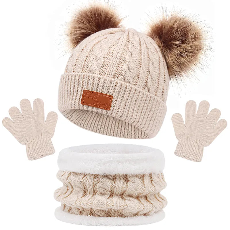 Toddler 3Pcs Cute Pompom Knitted Hats Scarf Gloves Set childrensterritory