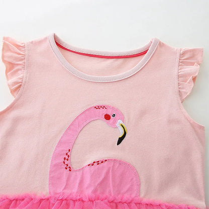 Kids Girls Cartoon Flamingo Pattern Layered Summer Dress childrensterritory
