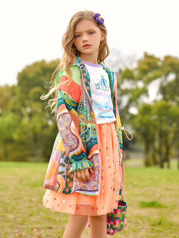 Kids Girls Tie Dye Print Thin Trench Coat and T-shirt childrensterritory
