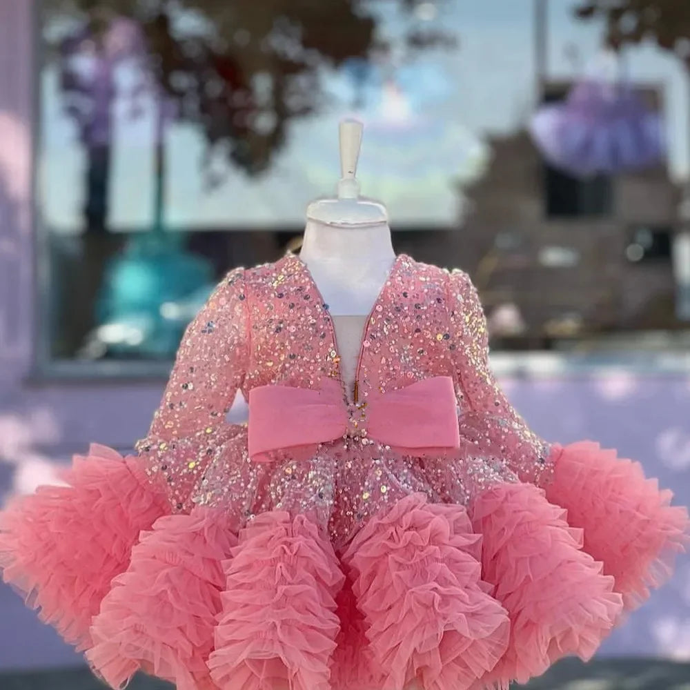 Sequined Tiered Tulle Wedding Dress with Bow for Kids Girls
