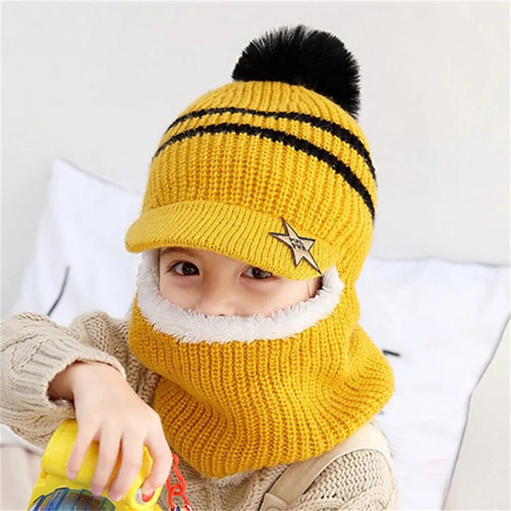 Kids Warm Knitted Plus Fleece Beanie with Face Cover childrensterritory