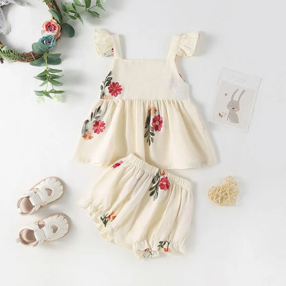 Baby Girl Floral Puff Sleeve Embroidered Bodysuit Sets