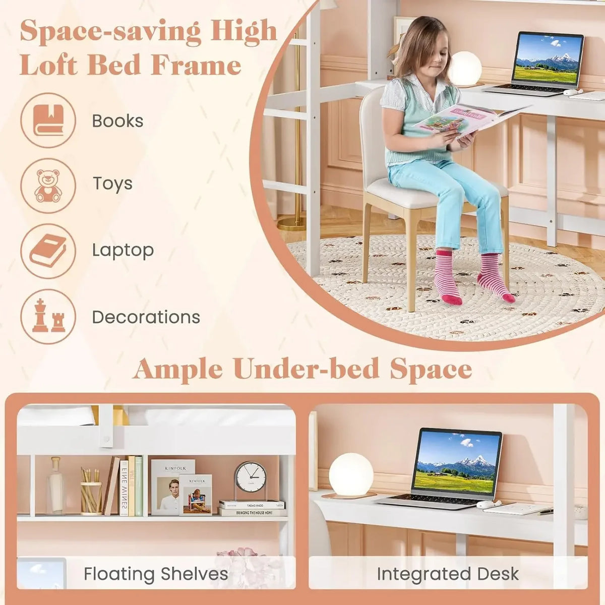 Simple Design Twin Loft Bed with Built-in Desk and Stairs