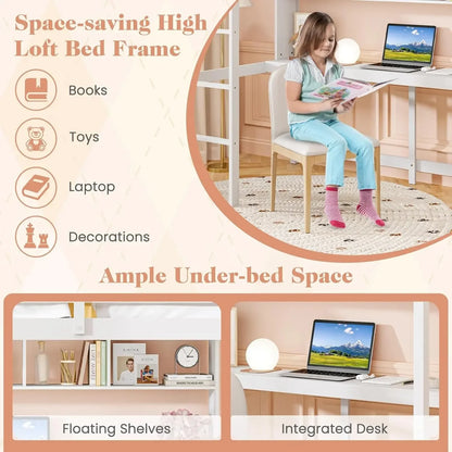 Simple Design Twin Loft Bed with Built-in Desk and Stairs