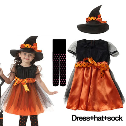 Kids Girls Fancy Cosplay Dresses for Halloween with Pumpkin Bag childrensterritory