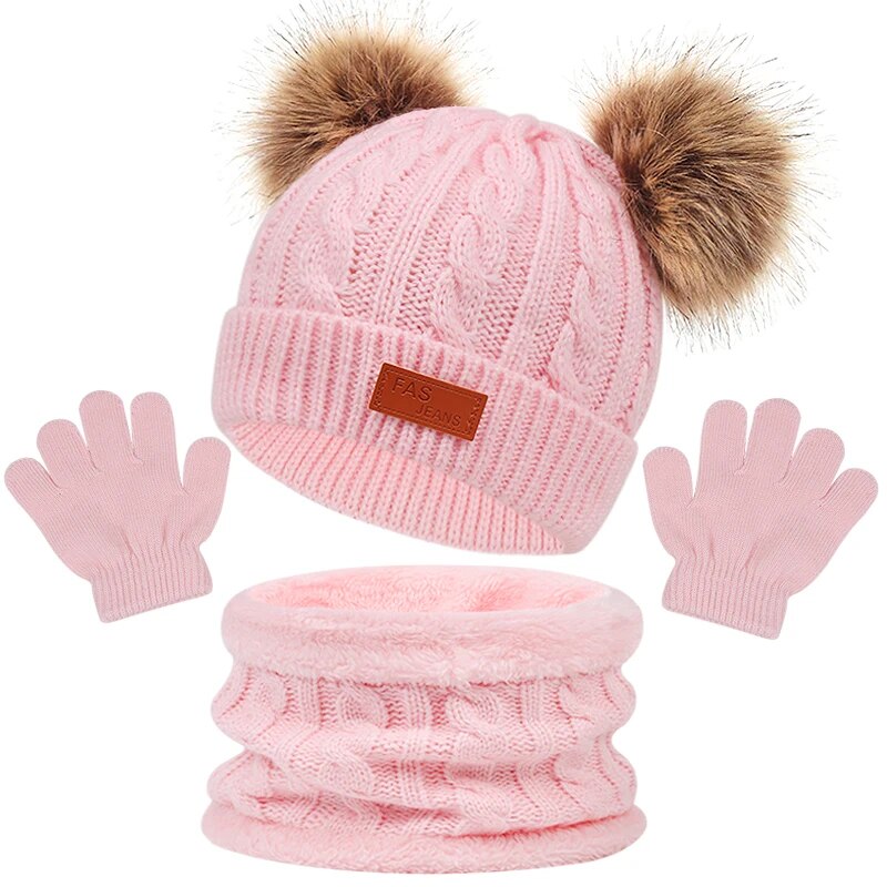 Toddler 3Pcs Cute Pompom Knitted Hats Scarf Gloves Set childrensterritory