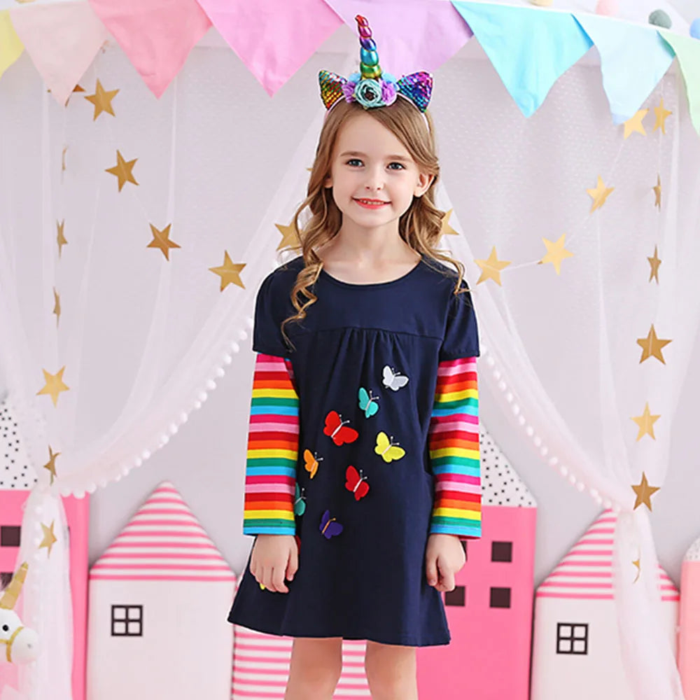 Little Girls Long Sleeve Cartoon Design Casual Dresses childrensterritory
