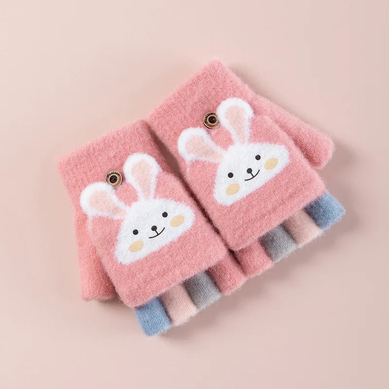 Cartoon Bunny Warm Half Finger Flip Gloves for Kids