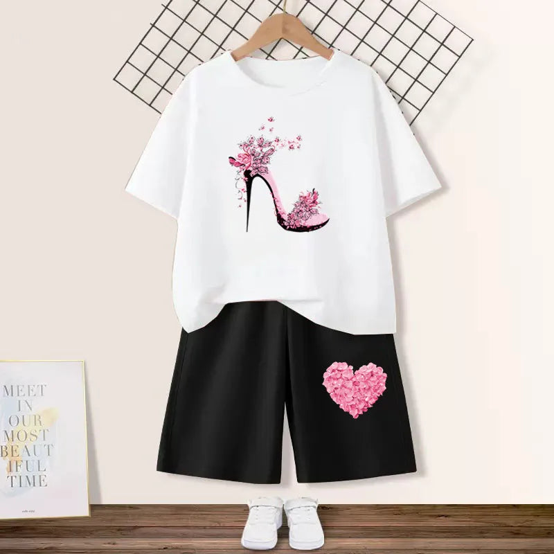 Kids Girls Butterfly High Heel T-shirt +Shorts 2 Piece Tracksuits childrensterritory