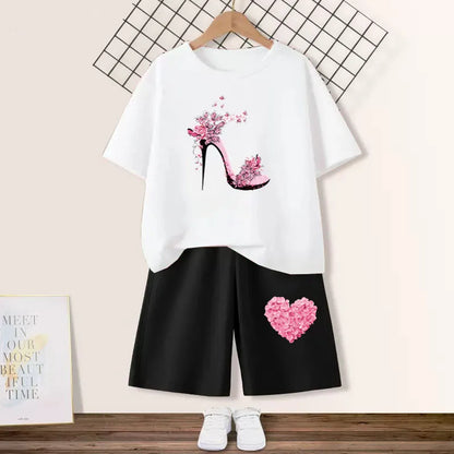 Kids Girls Butterfly High Heel T-shirt +Shorts 2 Piece Tracksuits childrensterritory