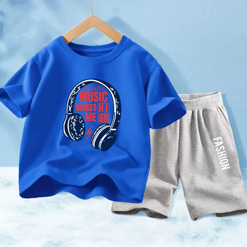 Kids Boys Music Headset Print T-shirt and Shorts Set childrensterritory