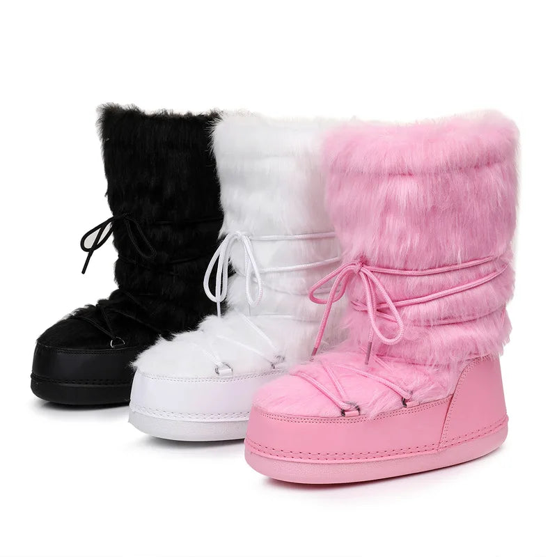 Fluffy Faux Fur Middle Calf Platform Snow Boots for Women