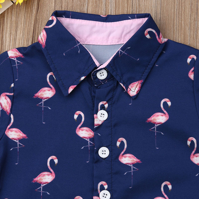 Flamingo Print Kid Boy Party Suit Shirt and Solid Shorts Set childrensterritory