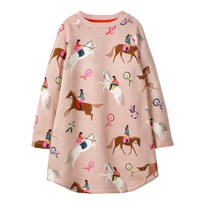 Horse Print Girls Long-Sleeved Casual Dresses childrensterritory