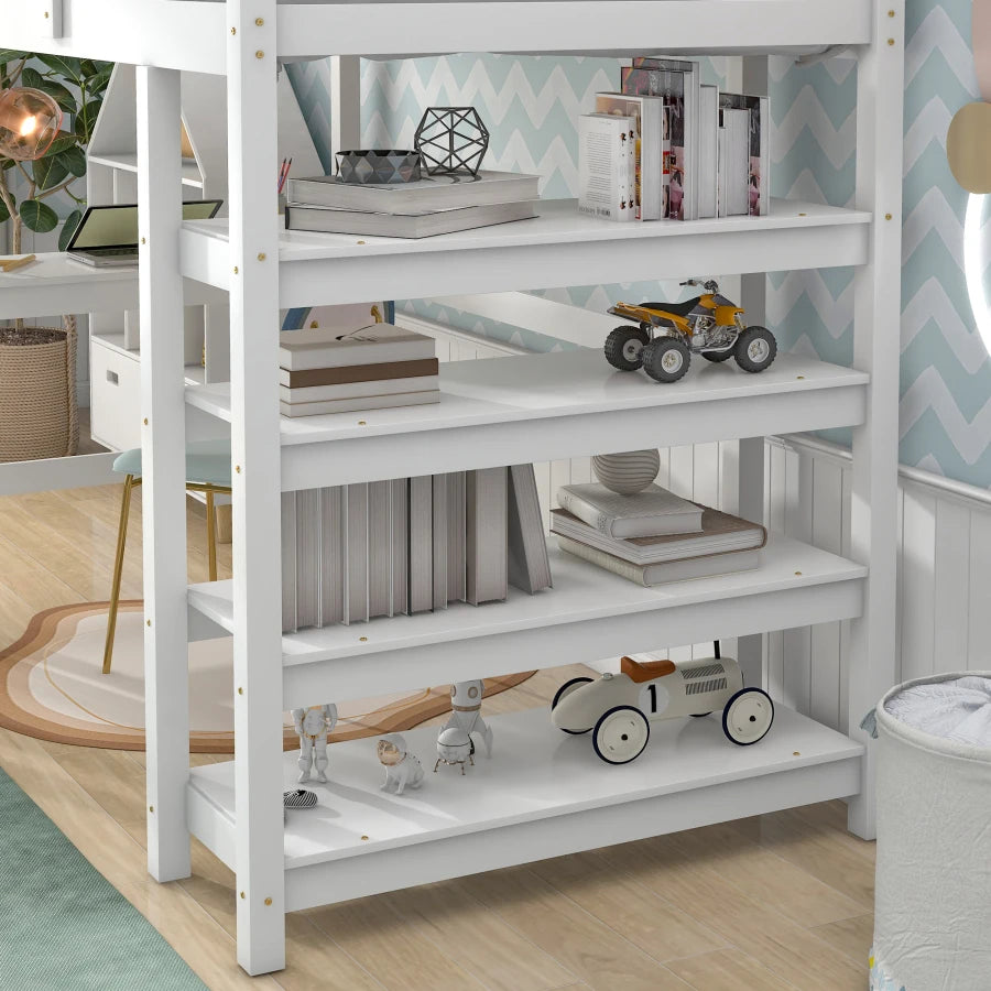 Stylish Kids Twin Loft Bed with Shelves, Desk, and Ladder childrensterritory