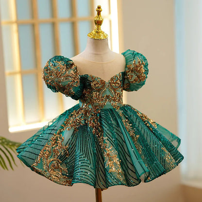 Girls Luxury Green Gold Birthday/Evening/ Party Dress