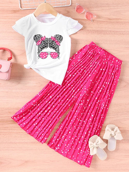 Little Girls Printed Top with Wide Leg Pants Two Piece Clothing Sets childrensterritory