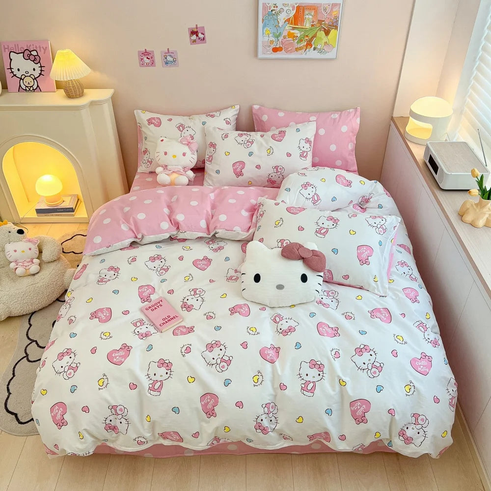 Hello Kitty Cartoon Design Duvet Cover Bedding Set for Kids&