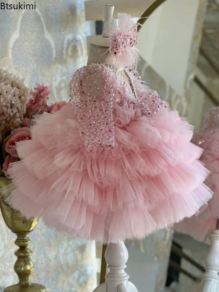 Gorgeous V-neck Sequin Design Little Girls Mesh Cake Dress
