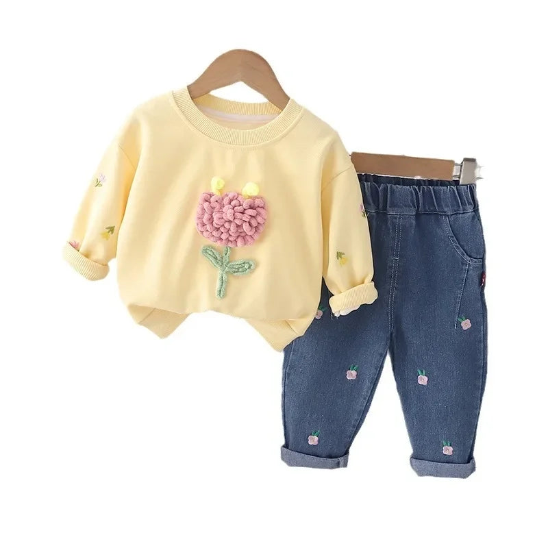 Flower Design Kids Casual Sweatshirt Two-Piece Suit childrensterritory