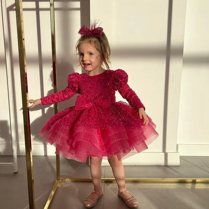 Luxury Long-Sleeved Sequined Fluffy Chiffon Wedding Party Dress childrensterritory
