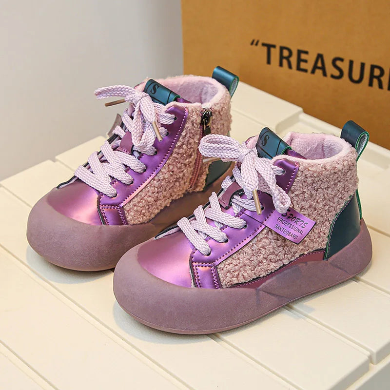 Kids Purple Black High Top Warm Furry Shoes childrensterritory