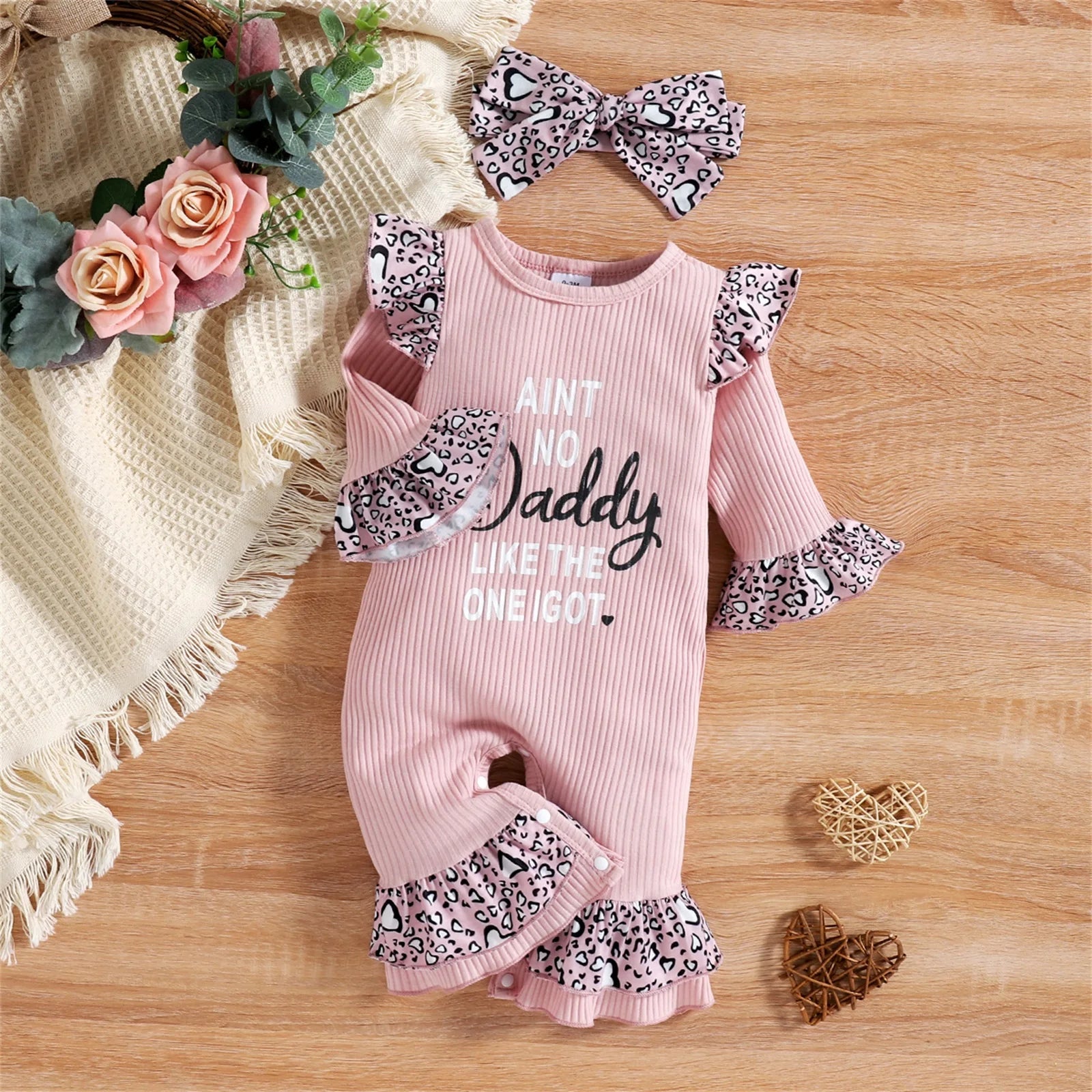 Baby Girls Letter and Leopard Print Jumpsuit & Headband Set
