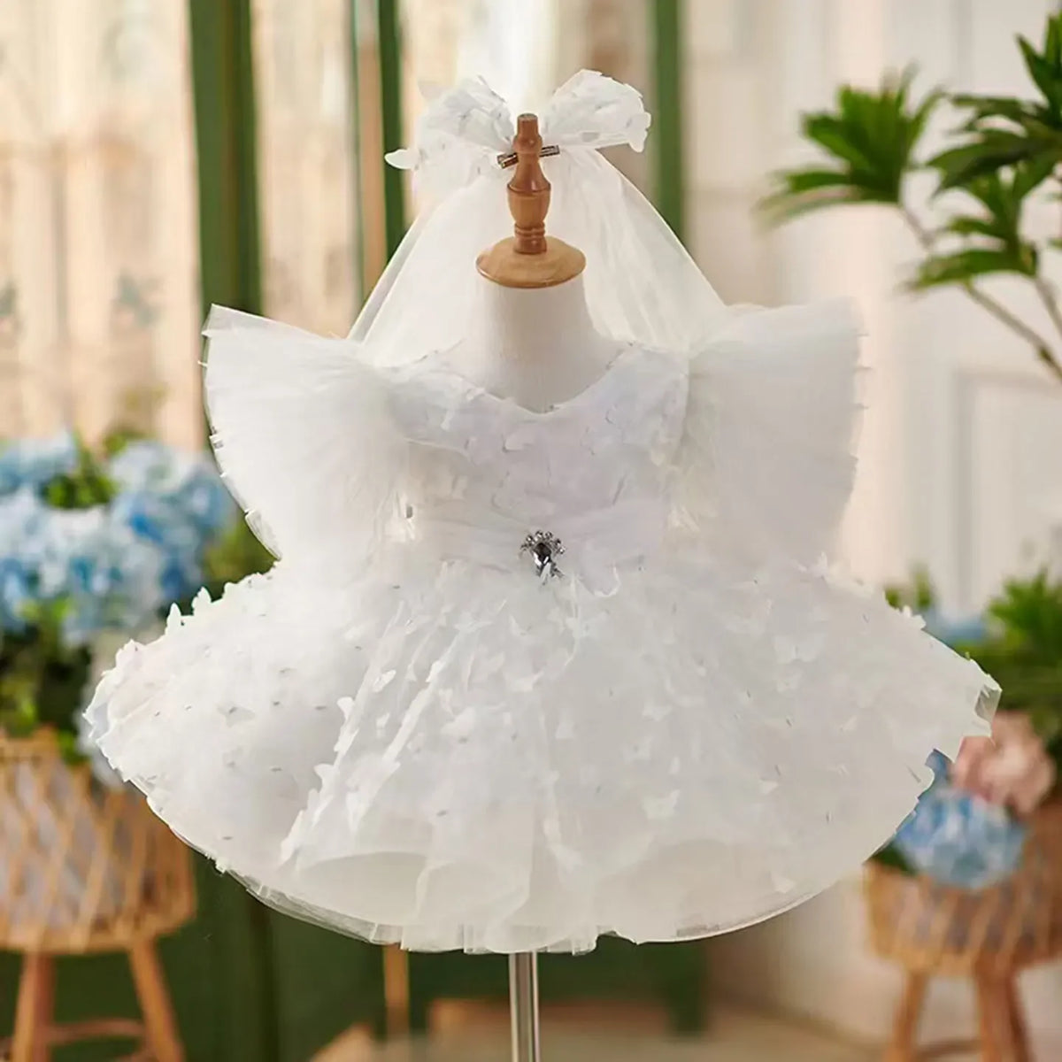 Elegant Butterfly Designed Blue Flower Girl Dress with Hairband