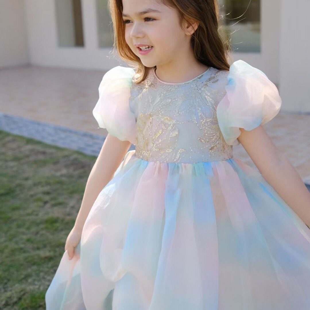 Colorful Patchwork Kids Girls Princess Party Dress childrensterritory