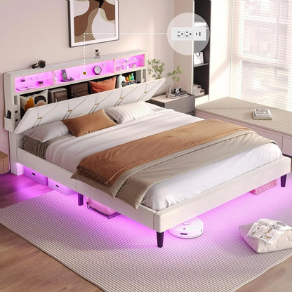Velvet Upholstered LED Queen Bed Frame with Headboard Storage childrensterritory