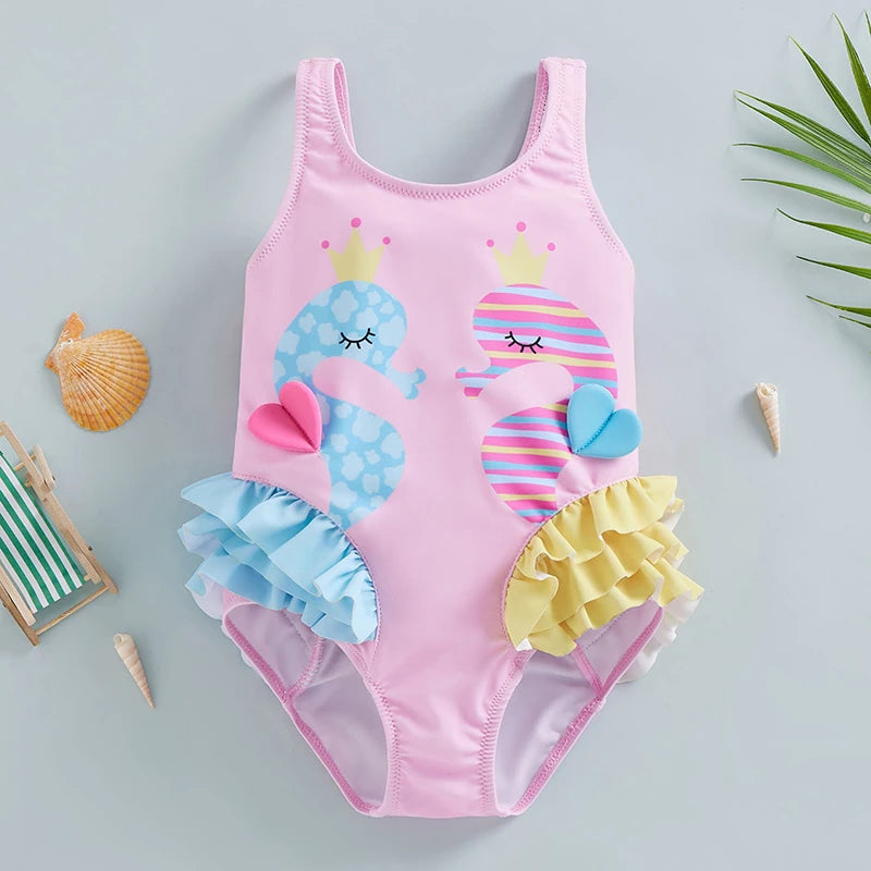 Cartoon Seahorse Print Sleeveless Kid Girl Swimsuit