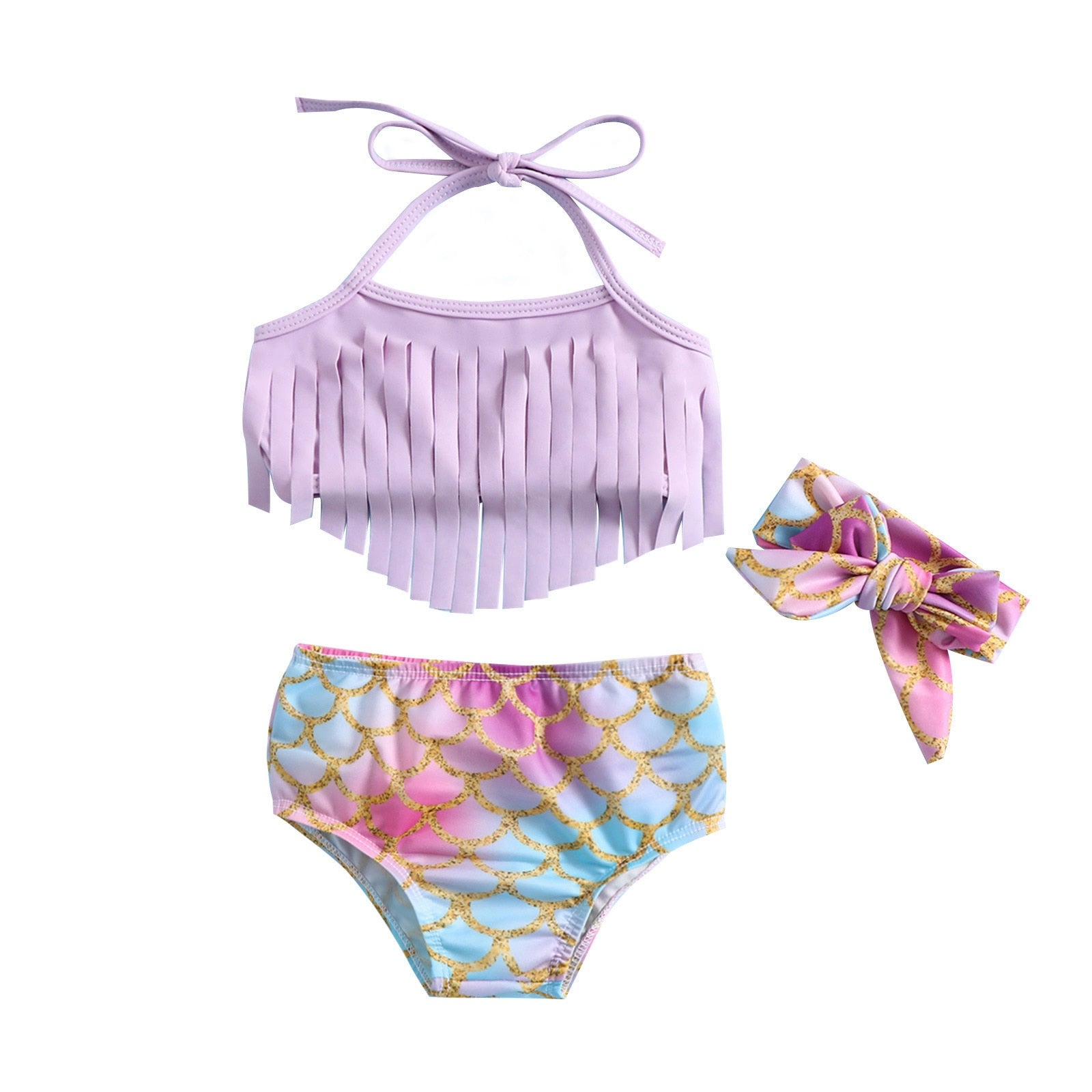 Baby Girl Halter Tassel Tops + Printed Bottom and Headband Set childrensterritory