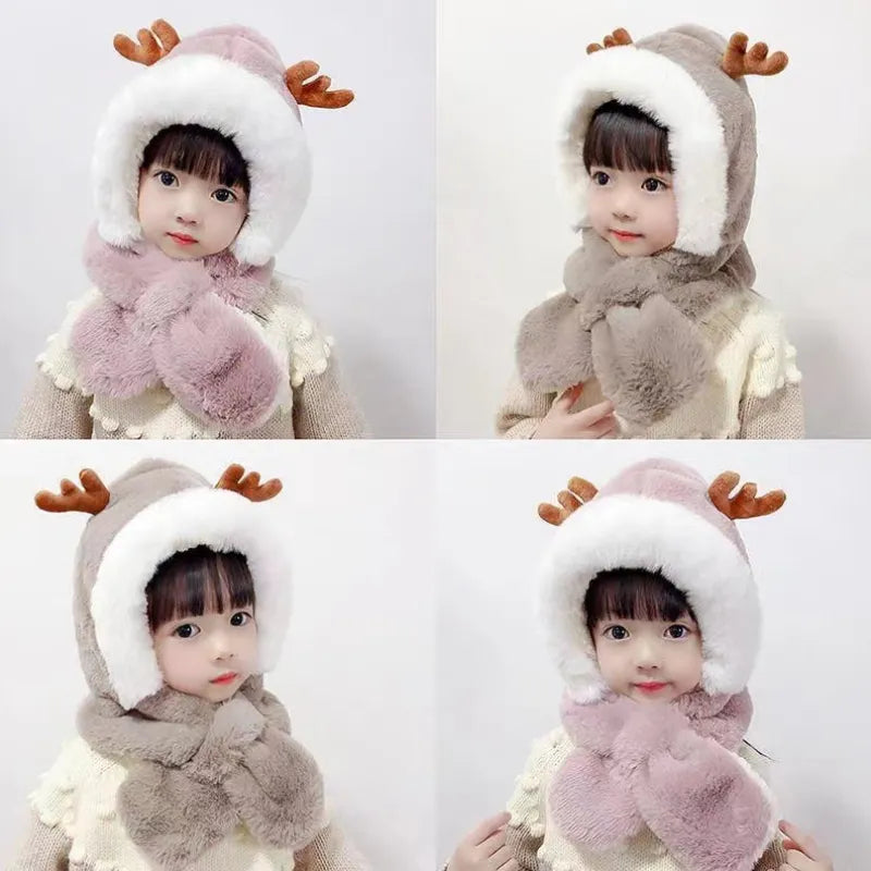 All In One Plush Windproof Deer Warm Hats for Kids childrensterritory