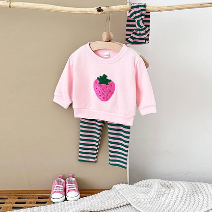 Baby Girls Strawberry Top with Striped Legging and Headscarf Set childrensterritory
